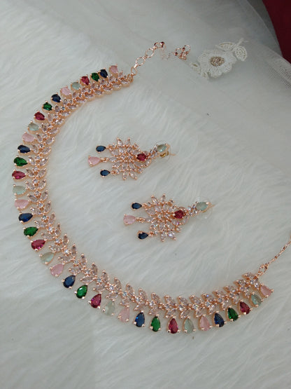 Cubic Zirconia Diamond necklace Earrings set, Rose multicolor bridal necklace earrings jewellery phoenix necklace