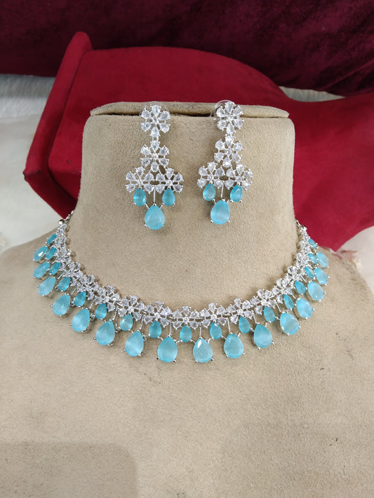 Cubic Zirconia Diamond choker necklace set, silver sky blue Bridal choker necklace earrings jewelry statement necklace set rita set