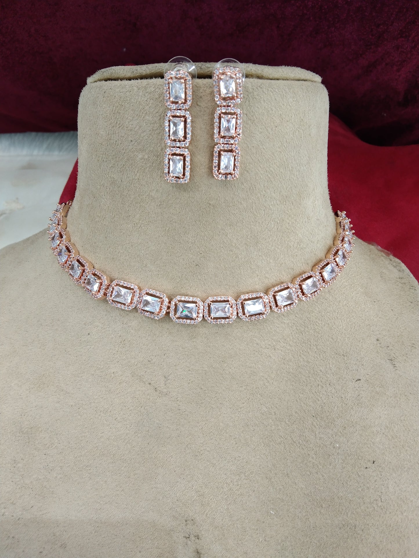 Cubic zirconia diamond necklace set, rose gold bridal necklace earrings jewellery statement necklace kearny set