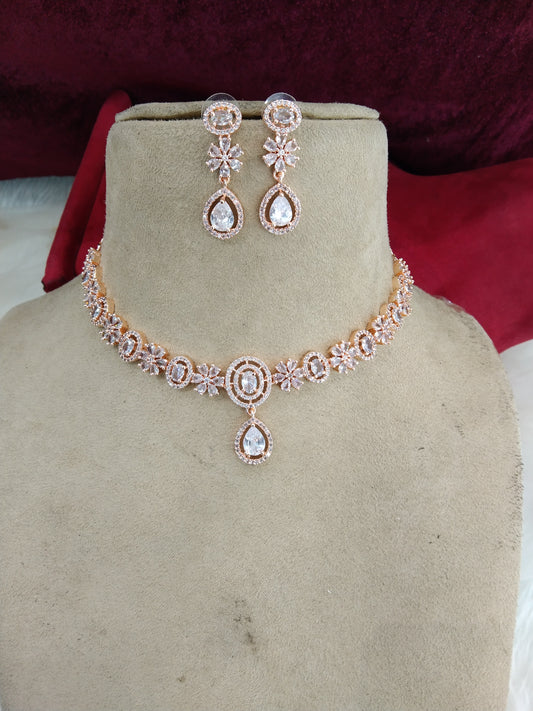 Cubic zirconia diamond necklace set, rose gold bridal necklace earrings jewellery statement necklace corona set