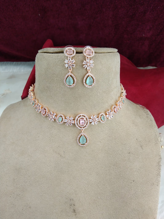 American Diamond Necklace set, rose gold sea green bridal necklace earrings jewellery statement necklace corona set