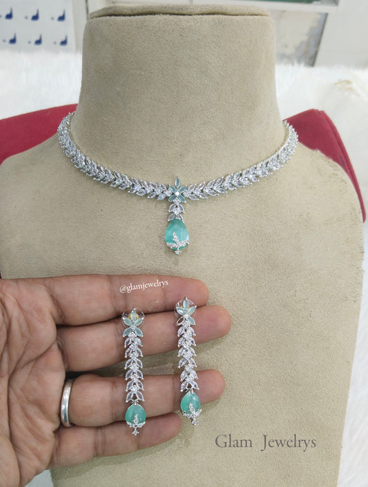 Cubic Zirconia Diamond necklace Earrings set,silver seagreen Bridal necklace earrings jewellery david necklace set