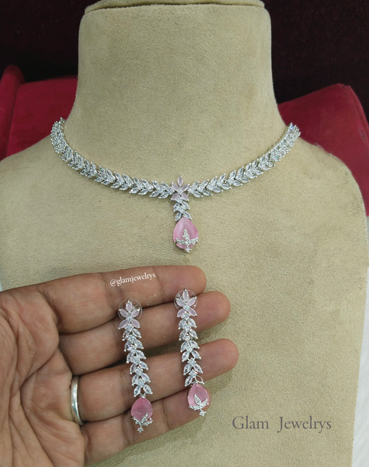 Cubic Zirconia Diamond necklace Earrings set,silver pink Bridal necklace earrings jewellery david necklace set