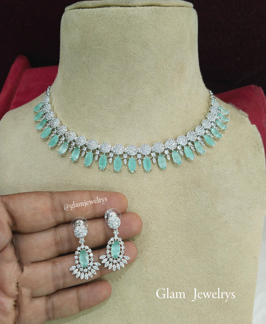 American  diamond necklace earrings set, Silver sea green bollywood ava bridal necklace earrings jewellery statement necklace set