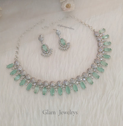 American Diamond necklace earrings set, Silver sea green bollywood ava bridal necklace earrings jewellery statement necklace set