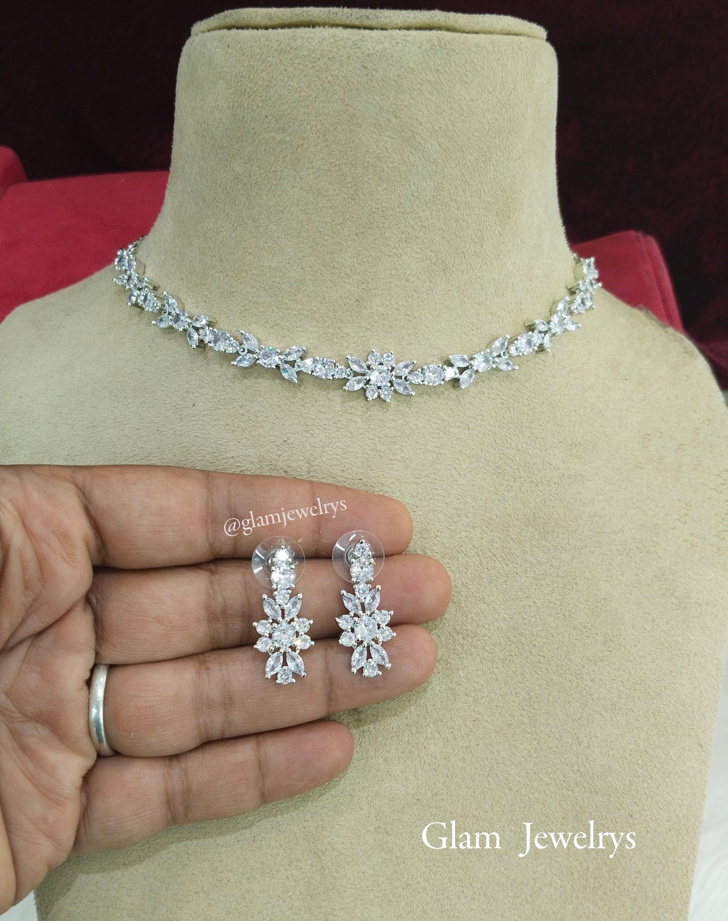 American Diamond Necklace Jewellery set, silver bridal necklace earrings necklace set CZ frisco necklace set