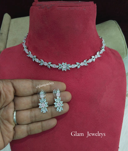 American Diamond Necklace Jewellery set, silver pink bridal necklace earrings necklace set CZ frisco necklace set