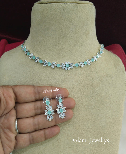 American Diamond Necklace Jewellery set, silver sea green bridal necklace earrings necklace set CZ frisco necklace set