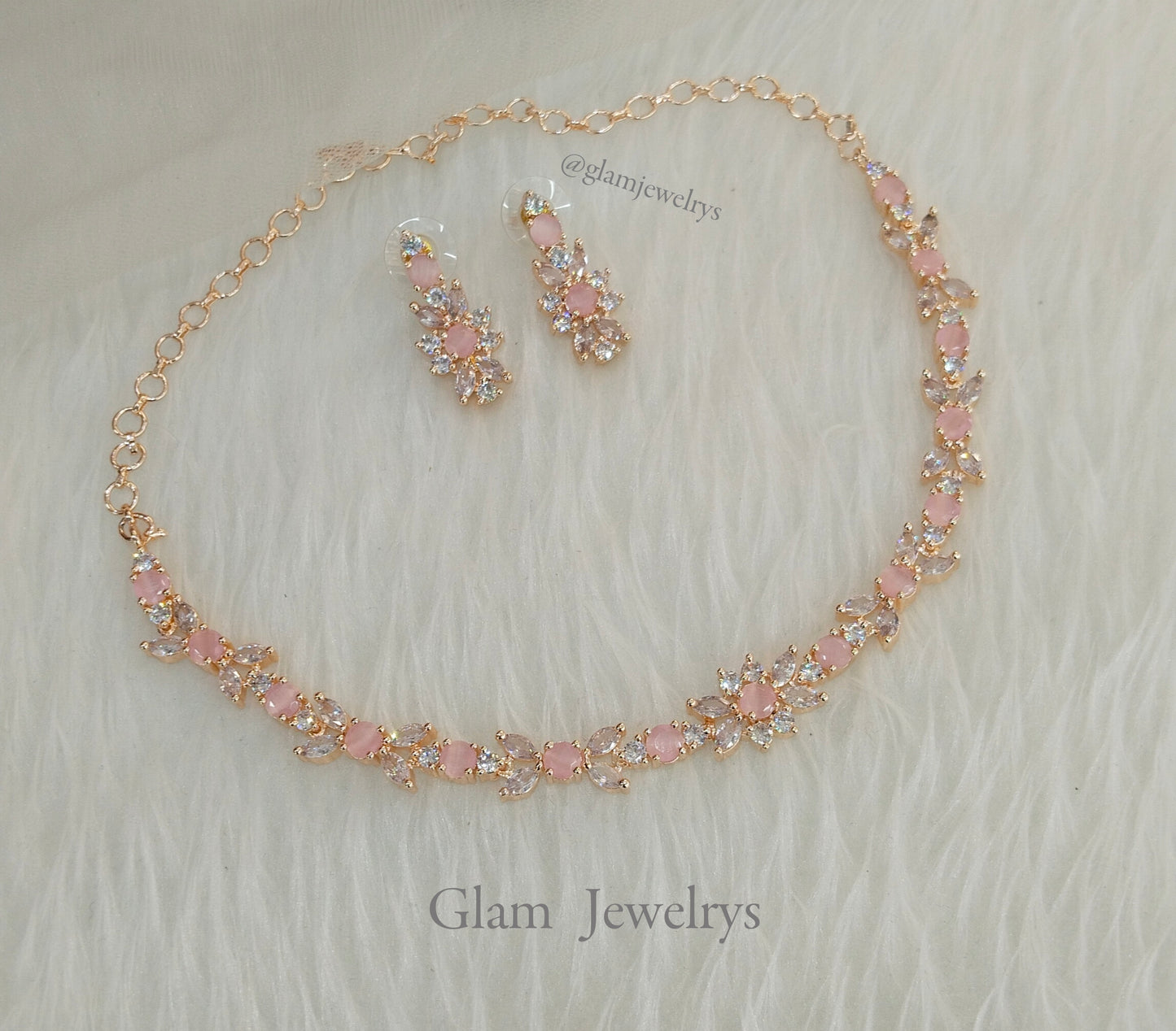 American Diamond Necklace Jewellery set, rose pink bridal necklace earrings necklace set CZ frisco necklace set