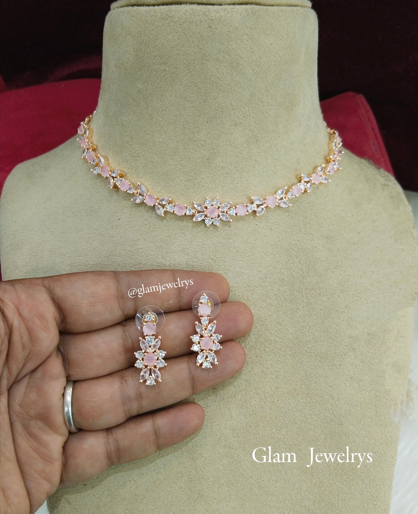 American Diamond Necklace Jewellery set, rose pink bridal necklace earrings necklace set CZ frisco necklace set