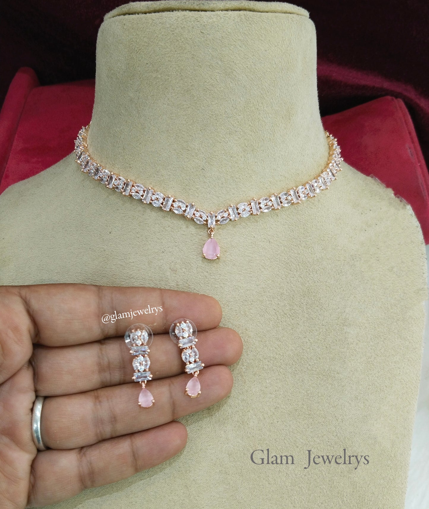 American zirconia diamond Necklace set, rose pink bridal necklace set CZ dilpreet necklace set