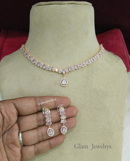 American Diamond Necklace Jewellery set, rose white bridal necklace set CZ dilpreet necklace set