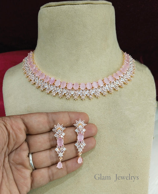 American  diamond Necklace set, rose pink bridal necklace set CZ vallejo necklace Jewellery set