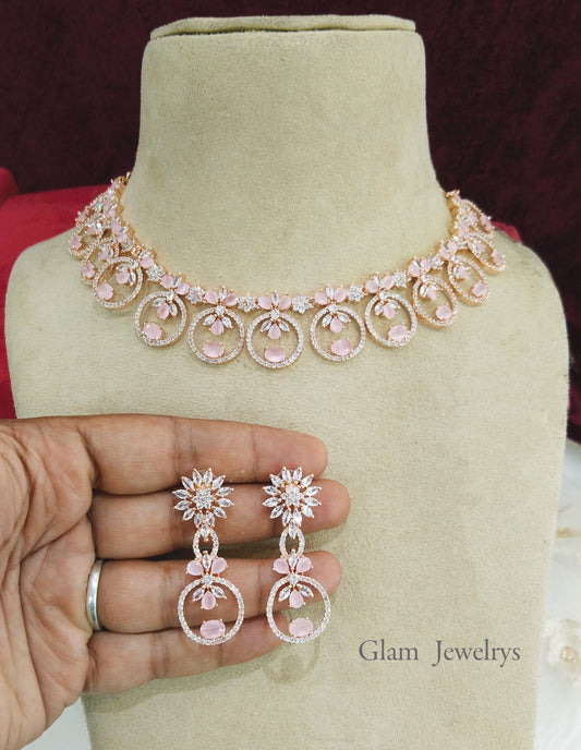 Cubic zirconia diamond necklace earrings set, rose gold pink bridal earrings jewellery sanam necklace set