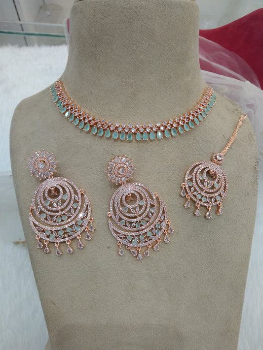 Cubic zirconia diamond necklace earrings set, rose gold sea green bridal ranjha necklace earrings jewellery statement necklace set