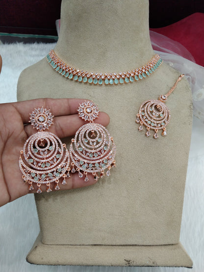 Cubic zirconia diamond necklace earrings set, rose gold sea green bridal ranjha necklace earrings jewellery statement necklace set