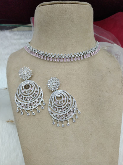 Cubic zirconia diamond necklace earrings set, silver pink bridal ranjha necklace earrings jewellery statement necklace set