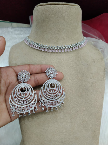 Cubic zirconia diamond necklace earrings set, silver pink bridal ranjha necklace earrings jewellery statement necklace set