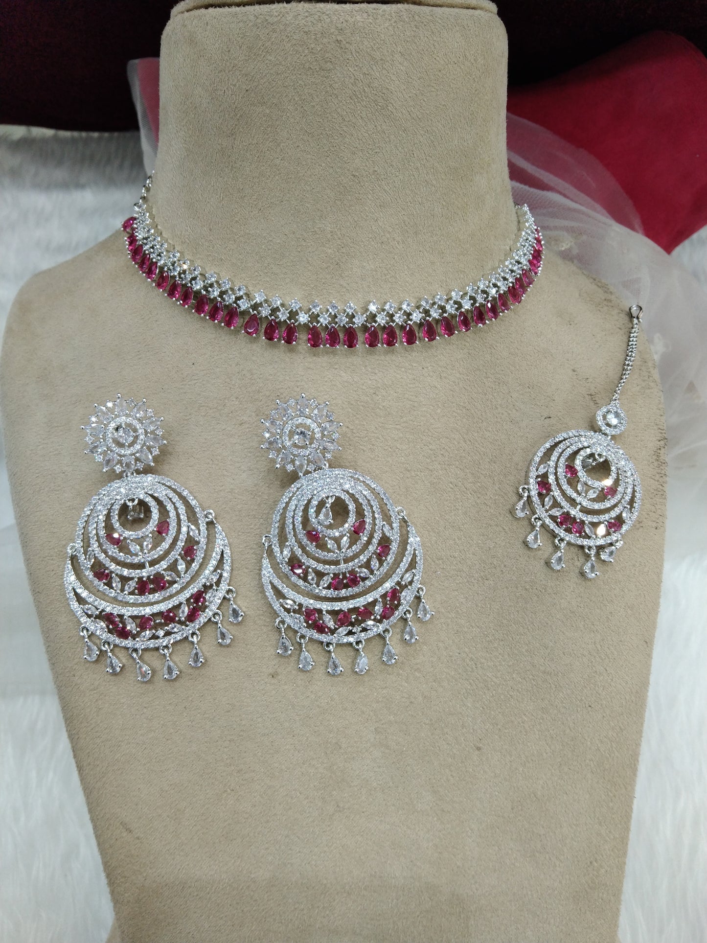 Cubic zirconia diamond necklace earrings set, silver maroon bridal ranjha necklace earrings jewellery statement necklace set