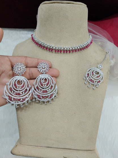 Cubic zirconia diamond necklace earrings set, silver maroon bridal ranjha necklace earrings jewellery statement necklace set