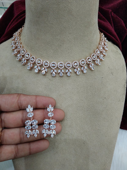 Cubic zirconia diamond necklace set, rose gold bridal necklace set CZ tenmodi necklace set