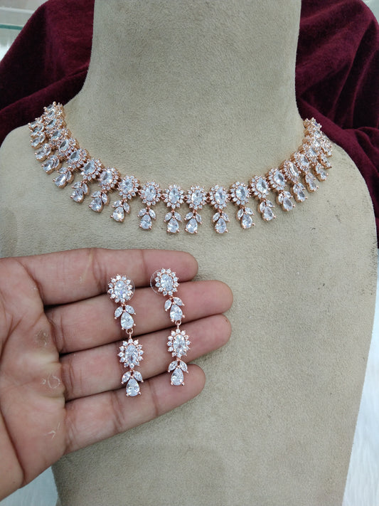 Cubic zirconia diamond necklace set, rose gold bridal necklace set CZ tenmodi necklace set