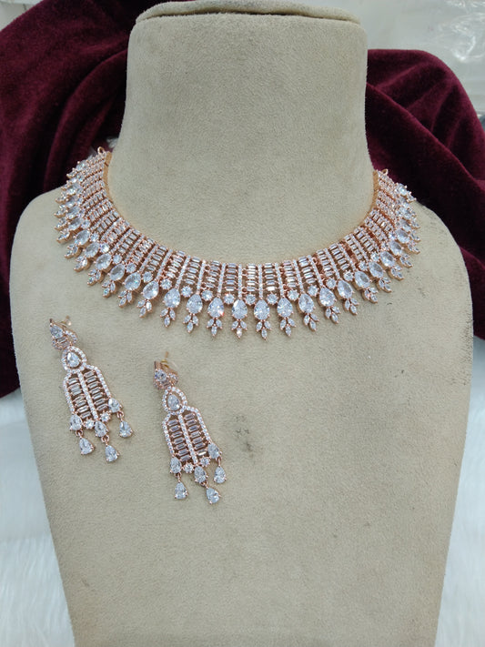 Cubic zirconia diamond necklace set, rose gold bridal necklace set CZ tenmodi necklace set