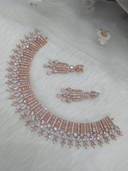 Cubic zirconia diamond necklace set, rose gold bridal necklace set CZ tenmodi necklace set