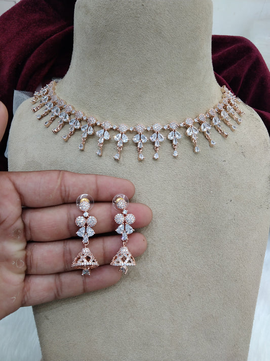 Cubic zirconia diamond necklace set, rose gold bridal necklace set CZ tenmodi necklace set