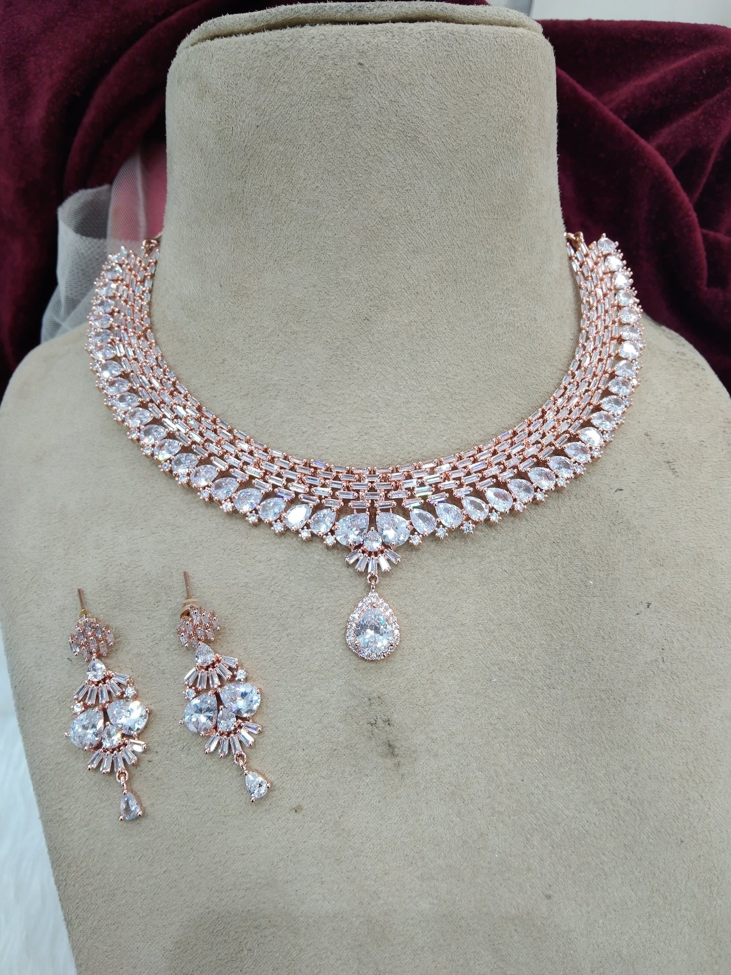 Cubic zirconia diamond necklace set, rose gold bridal necklace set CZ tenmodi necklace set