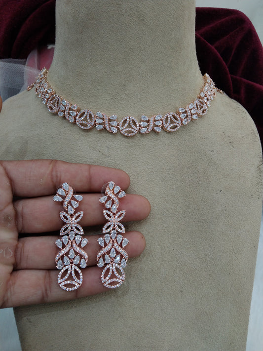 Cubic zirconia diamond necklace set, rose gold bridal necklace set CZ tenmodi necklace set