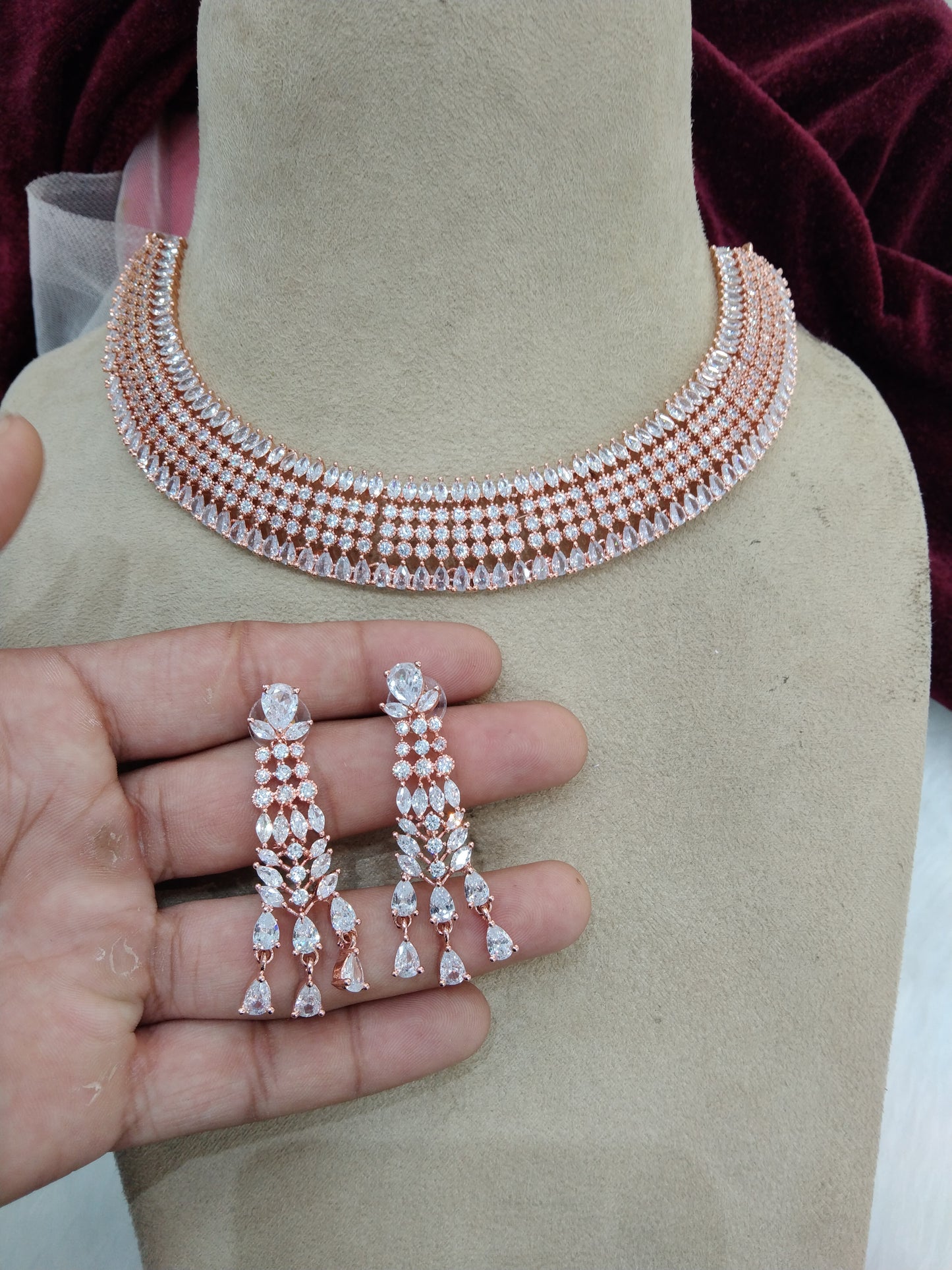 Cubic zirconia diamond necklace set, rose gold bridal necklace set CZ tenmodi necklace set