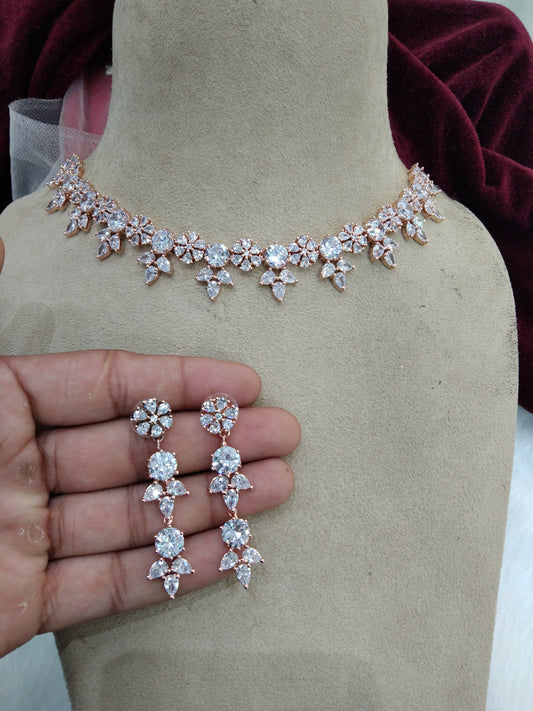 American Diamond necklace Jewellery set, rose gold bridal necklace set CZ tenmodi necklace set