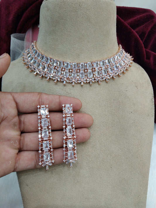 Cubic zirconia diamond necklace set, rose gold bridal necklace set CZ tenmodi necklace set