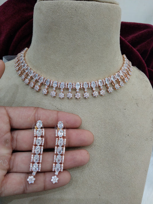 Cubic zirconia diamond necklace set, rose gold bridal necklace set CZ tenmodi necklace set