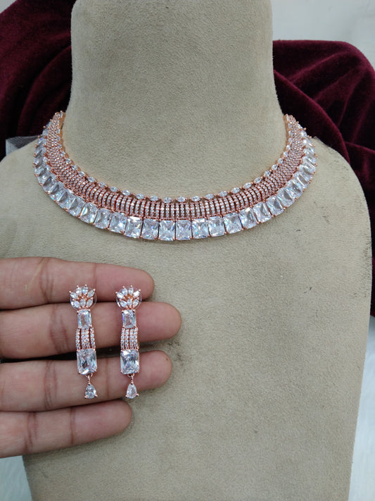 Cubic zirconia diamond necklace set, rose gold bridal necklace set CZ tenmodi necklace set