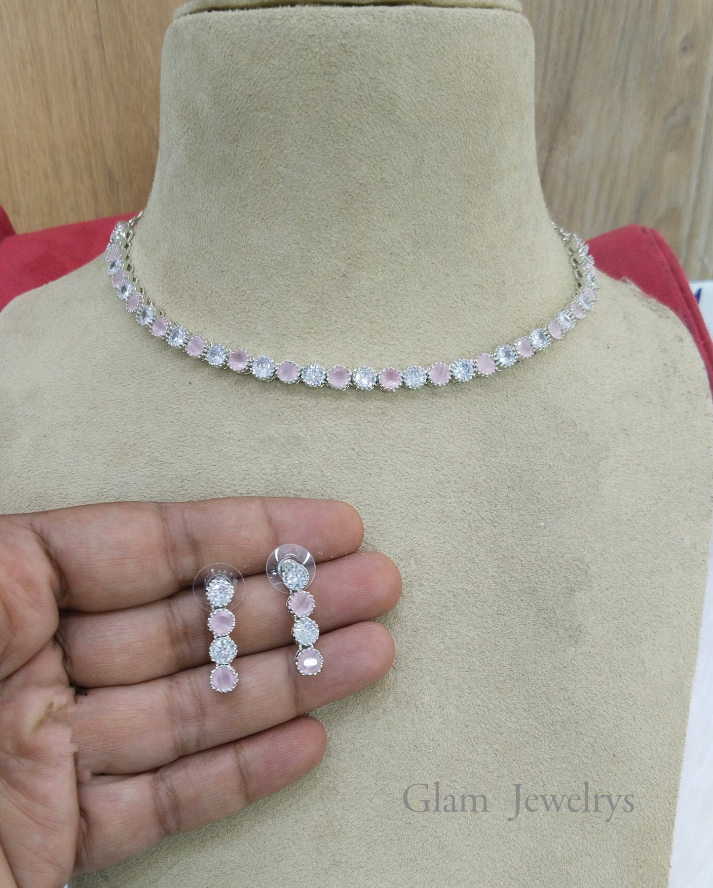 American Diamond Necklace Jewellery  set, silver pink necklace set CZ dans necklace set