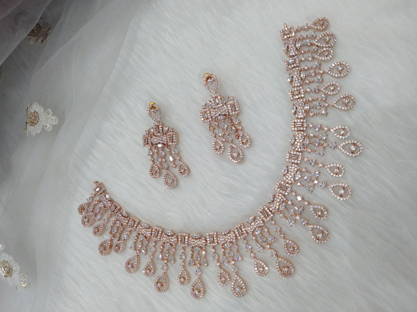 Cubic zirconia diamond necklace set, rose gold bridal necklace set CZ tenmodi necklace set