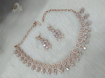 Cubic zirconia diamond necklace set, rose gold bridal necklace set CZ tenmodi necklace set