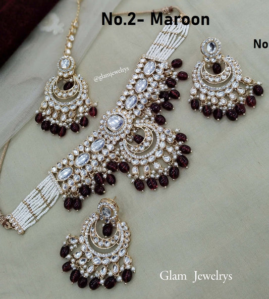 Indian Jewellery Gold maroon Kundan choker Set/ kundan choker hira Set