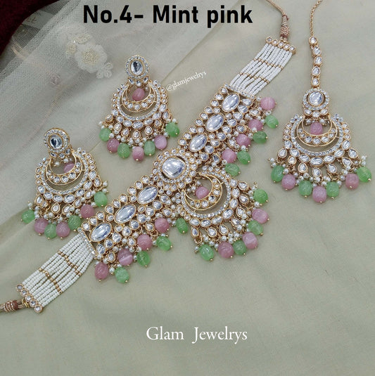 Indian Jewellery Gold mint pink Kundan choker Set/ kundan choker hira Set