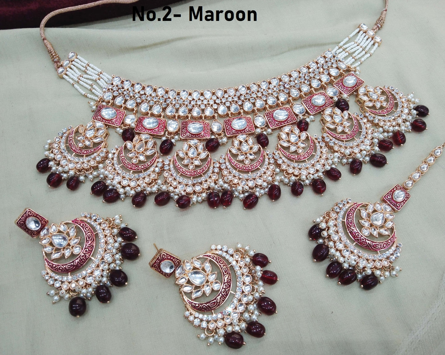 Bridal Maroon Kundan Necklace Jewellery Set/ Indian Maroon Hello Necklace Set