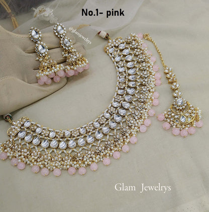 Indian Jewellery Pink Kundan Jhumka Necklace Set/ Kundan riverhead Set