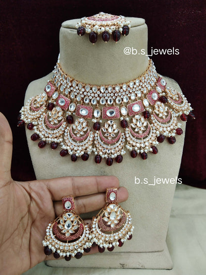 Bridal Maroon Kundan Necklace Jewellery Set/ Indian Maroon Hello Necklace Set