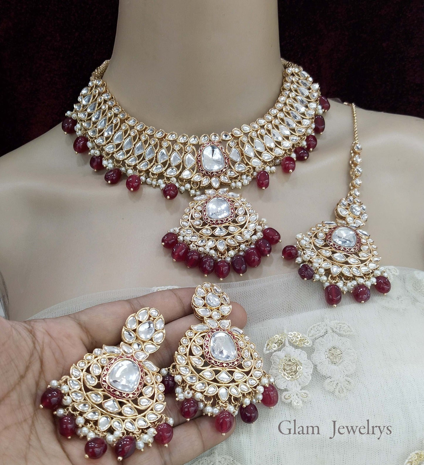 Maroon Kundan Necklace Jewellery Set/ Indian Jewellery Set