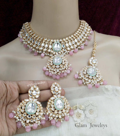 Indian Jewellery Pink Kundan Necklace Set hari Set