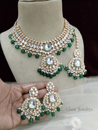 Emerald Green Kundan Jewellery Bridal Necklace Jewellery  Set