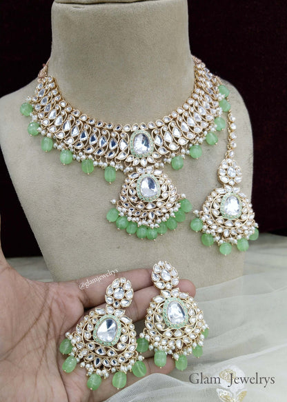 Indian Jewellery Pastel green Kundan choker necklace Set/ kundan choker hari Set