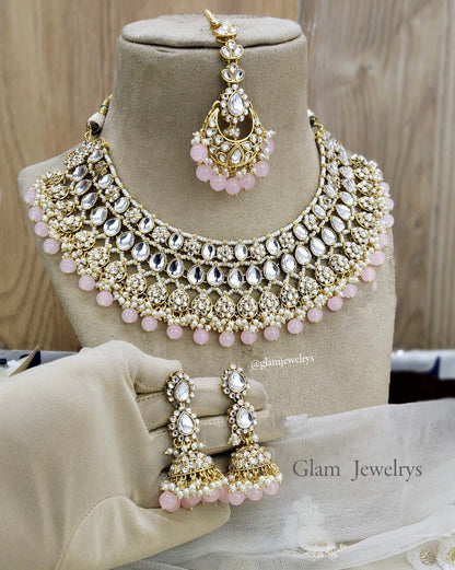 Indian Jewellery Pink Kundan Jhumka Necklace Set/ Kundan riverhead Set