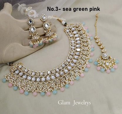 Indian Jewellery Sea Green Pink Kundan Necklace Jhumka Set/ kundan Choker riverhead Set